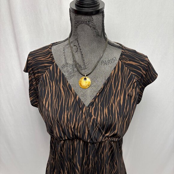 Liz Claiborne Brown Black Zebra Print V-Neck Empire Waist Top Womens Size Large - Picture 2 of 7